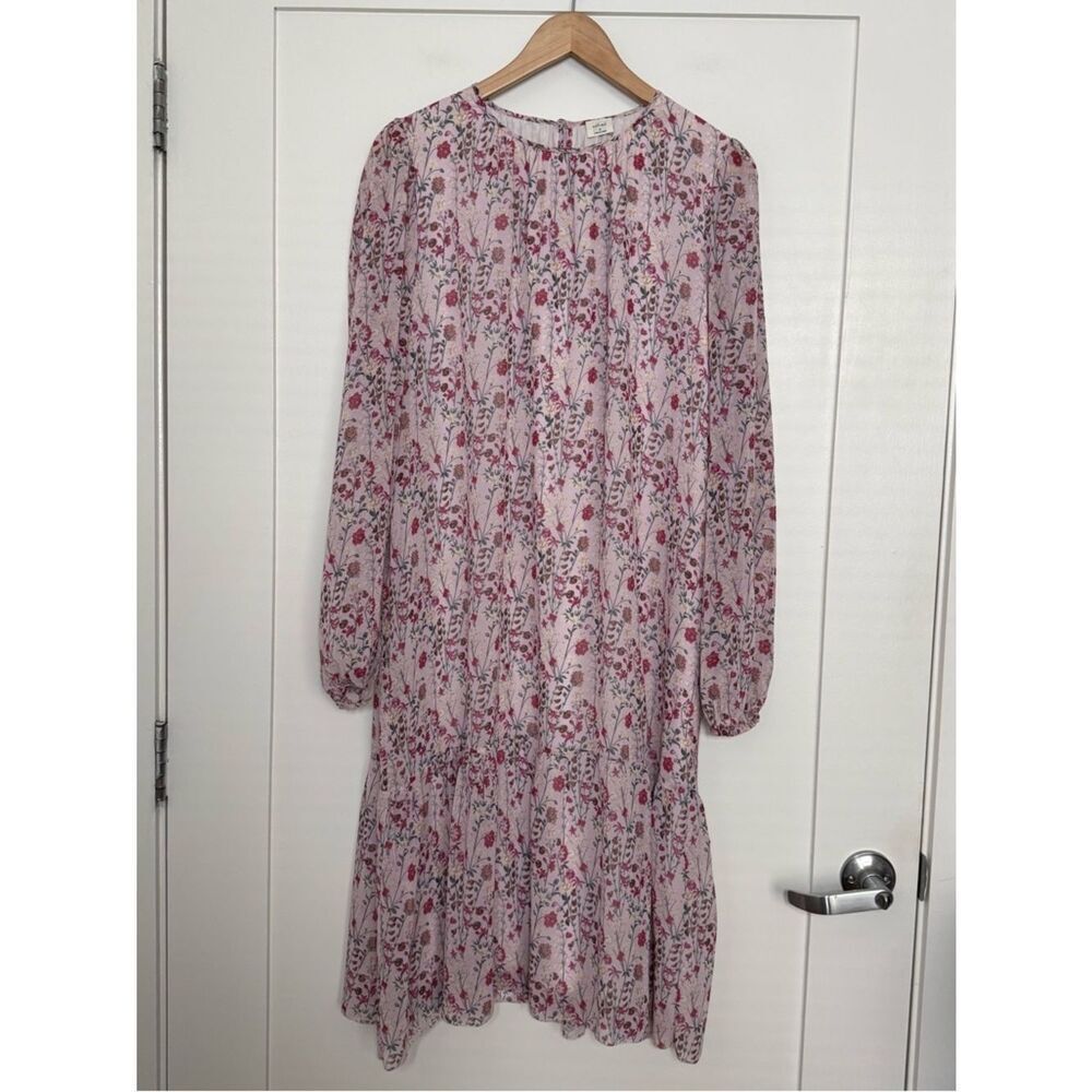 Wilfred Aritzia Midi Chiffon Dress Sz M Pink Floral Sheer Puff Long Sleeve Flowy